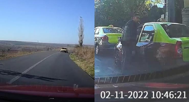 Un taximetrist inconștient circula pe contrasens, în curbă. Video