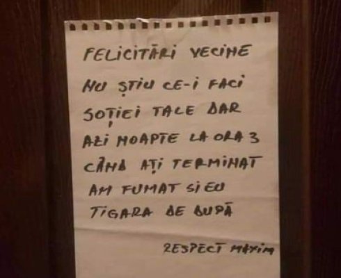 Mesaj de pe ușa unui apartament, devenit viral: „Felicitări, vecine. Nu știu ce-i faci soției tale...“