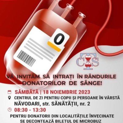 Acțiune de donare sânge la Năvodari, sâmbătă, 18 noiembrie