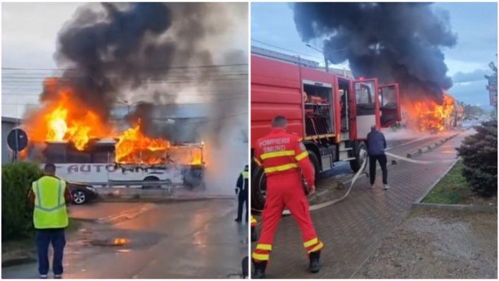 Un autocar în care se aflau 30 de copii a fost cuprins de flăcări. Video