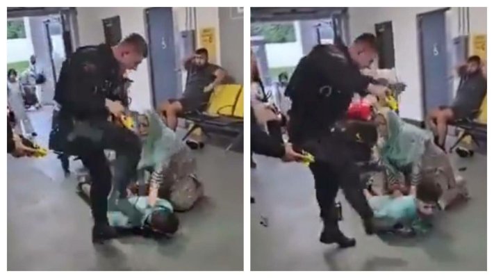 Un bărbat a fost călcat pe cap și bătut crunt de un polițist pe un aeroport. Omul se afla întins la pământ 