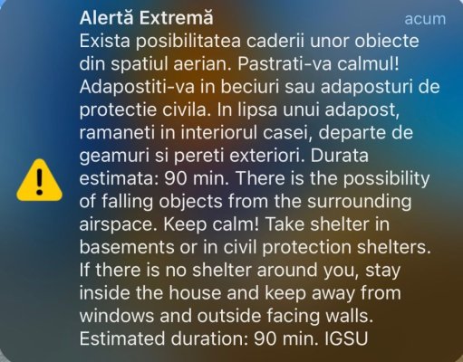 Mesaj RO-Alert în Tulcea! Alertă aeriană în nordul județului