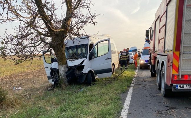 Un microbuz cu 5 pasageri a intrat în copac, la ieşire din Murfatlar. Două minore au ajuns la spital