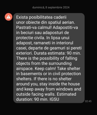 Mesaj RO-Alert în Constanța, în timpul nopții: „Există posibilitatea căderii unor obiecte din spațiul aerian”