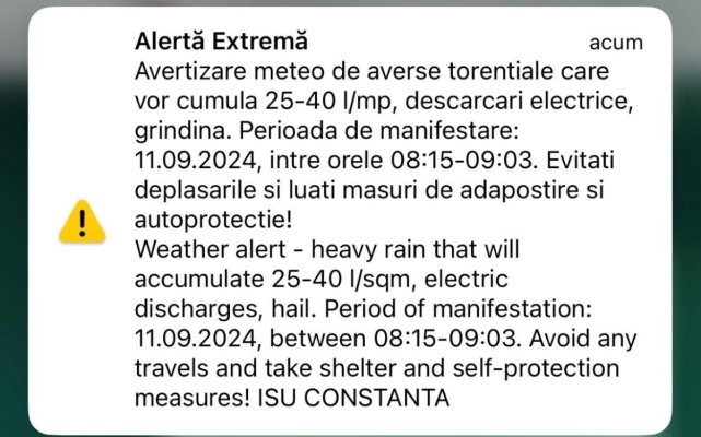 Avertizare meteo RO ALERT de vreme severă, la Constanța