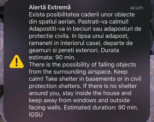 Mesaj RO-Alert, la Constanța: „Există posibilitatea căderii unor obiecte din spațiul aerian“