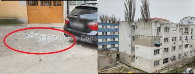 Panică în Km 4, după ce tencuiala unui bloc a căzut lângă mașini și copii!